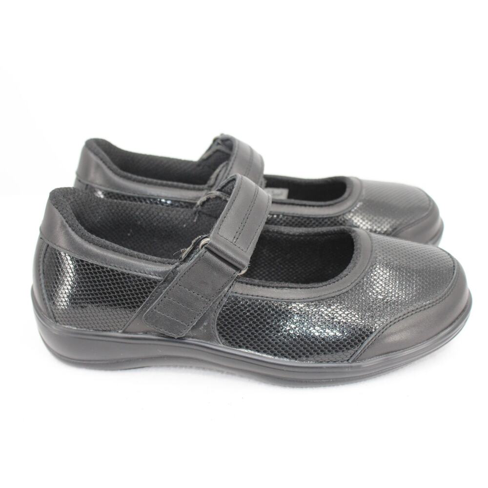 Orthofeet Oakridge Black Leather Mary Jane Shoes Size 7.5 D Wide Comfort